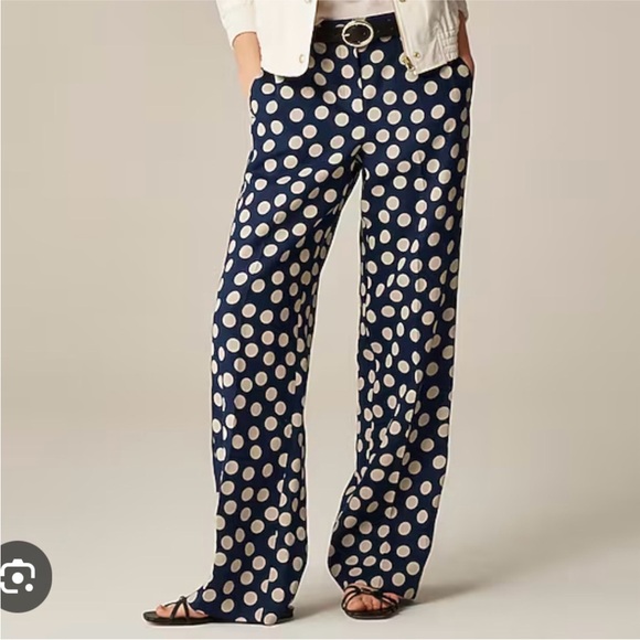 J. Crew linen harbor Navy and tan Polka Dot Wide Leg Pants - Picture 1 of 9